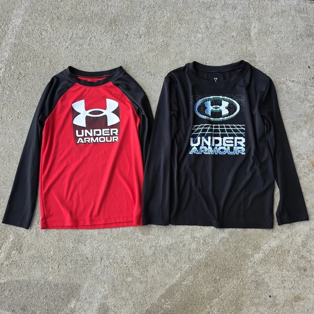 Under Armour Youth 7 Long Sleeve Shirt Bundle – 2 Pack Red & Black Logos